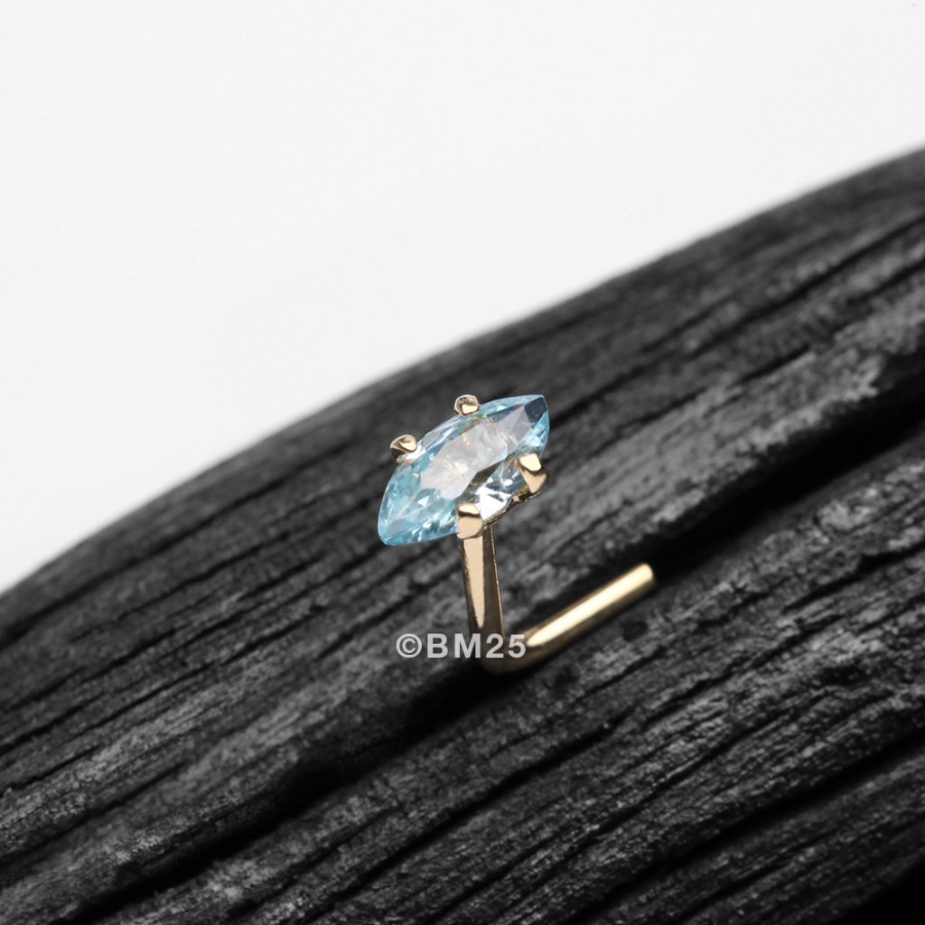 14 Karat Gold Prong Set Marquise Gem Sparkle L-Shaped Nose Ring - Aqua Gem
